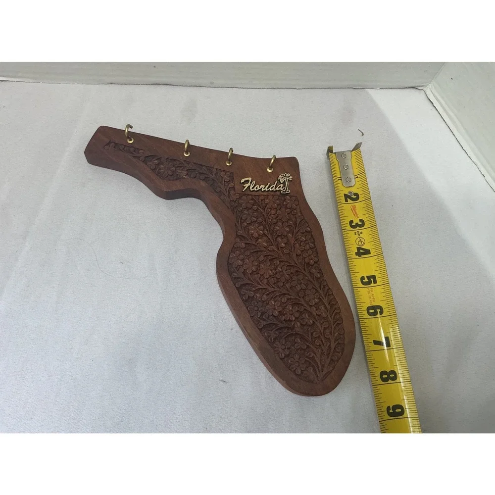 Vintage FL State Shaped Hand Carved Wood Key Holder Wall Decor 4 Hooks India